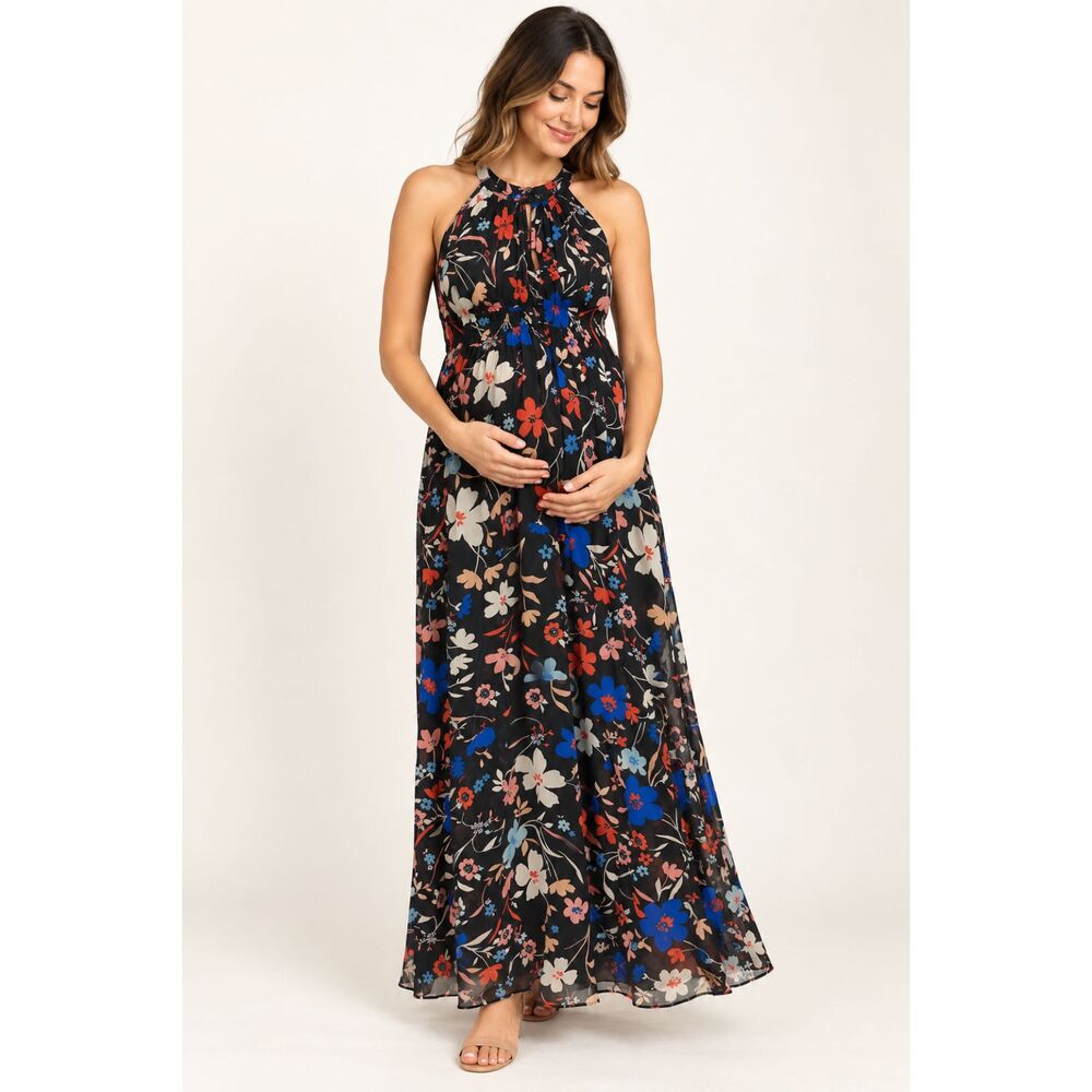 A Pea in the Pod Maternity Floral Halter Maxi Dress Black Multi Size M